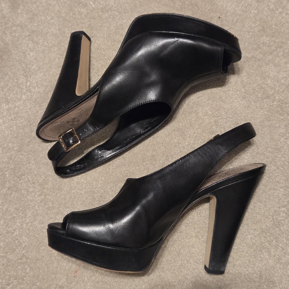 Vince Camuto "Dobby" Black Peep-Toe Slingback Heels